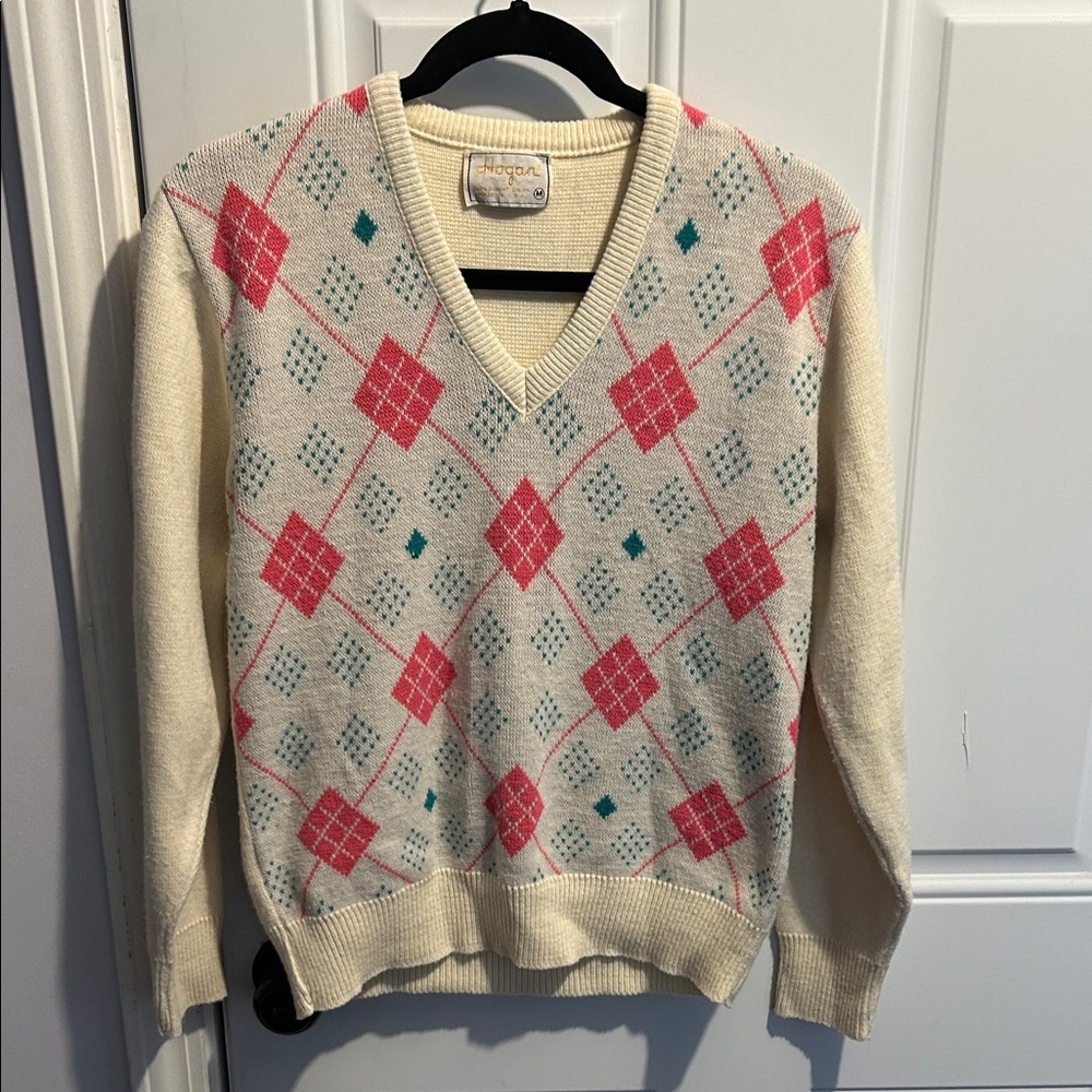 Hogan Cream and Pink V-Neck Sweater